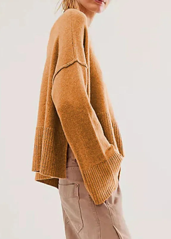 Brown O Neck Knit Short Sweaters Flare Sleeve