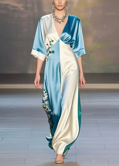 Colorblock V Neck Print Silk Dresses Half Sleeve