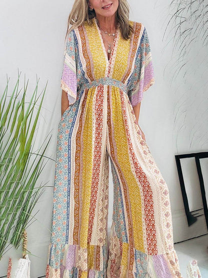 Retro Flare Sleeve Pocketed Loose Wide Leg Jumpsuit