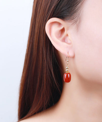 Red 14k Gold Agate Bucket Beads Drop Earrings