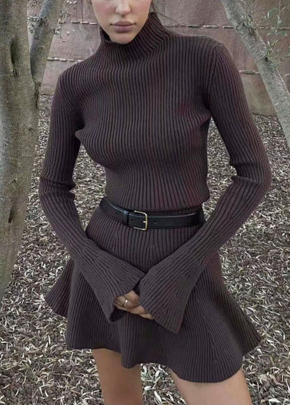 Coffee Turtleneck Cozy Knit Mid Dress Flare Sleeve