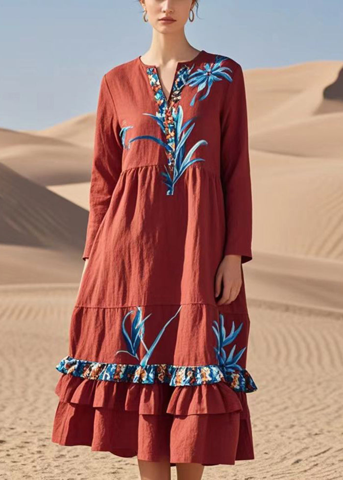 Red Print Patchwork Ruffles Cotton Dresses Fall