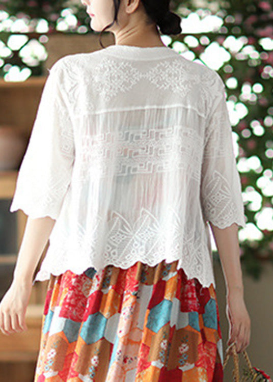 Modern White V Neck Embroidered Cotton Cardigan Short Sleeve