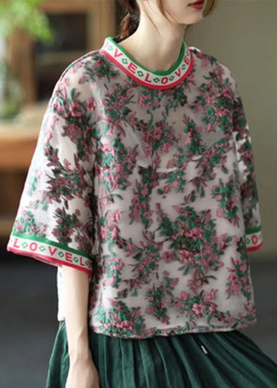 Embroidered Retro O-neck Summer Blouses Half Sleeve