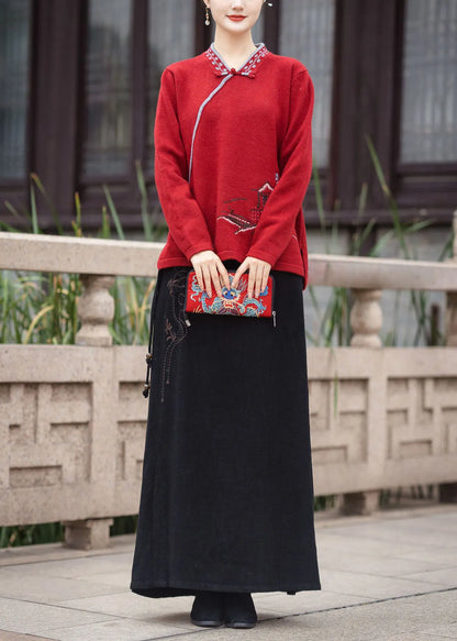 Red V Neck Oriental Button Embroidered Knit Tops Winter