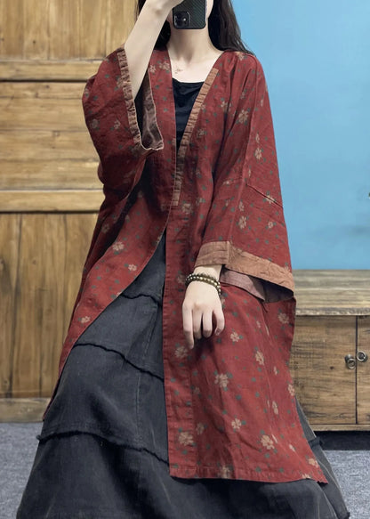 Red Print Patchwork Loose Linen Cardigan V Neck Spring