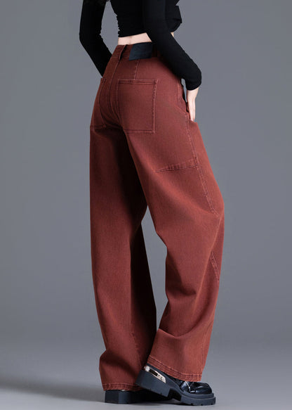 Brick Red Oversized Patchwork Denim Pants Spring