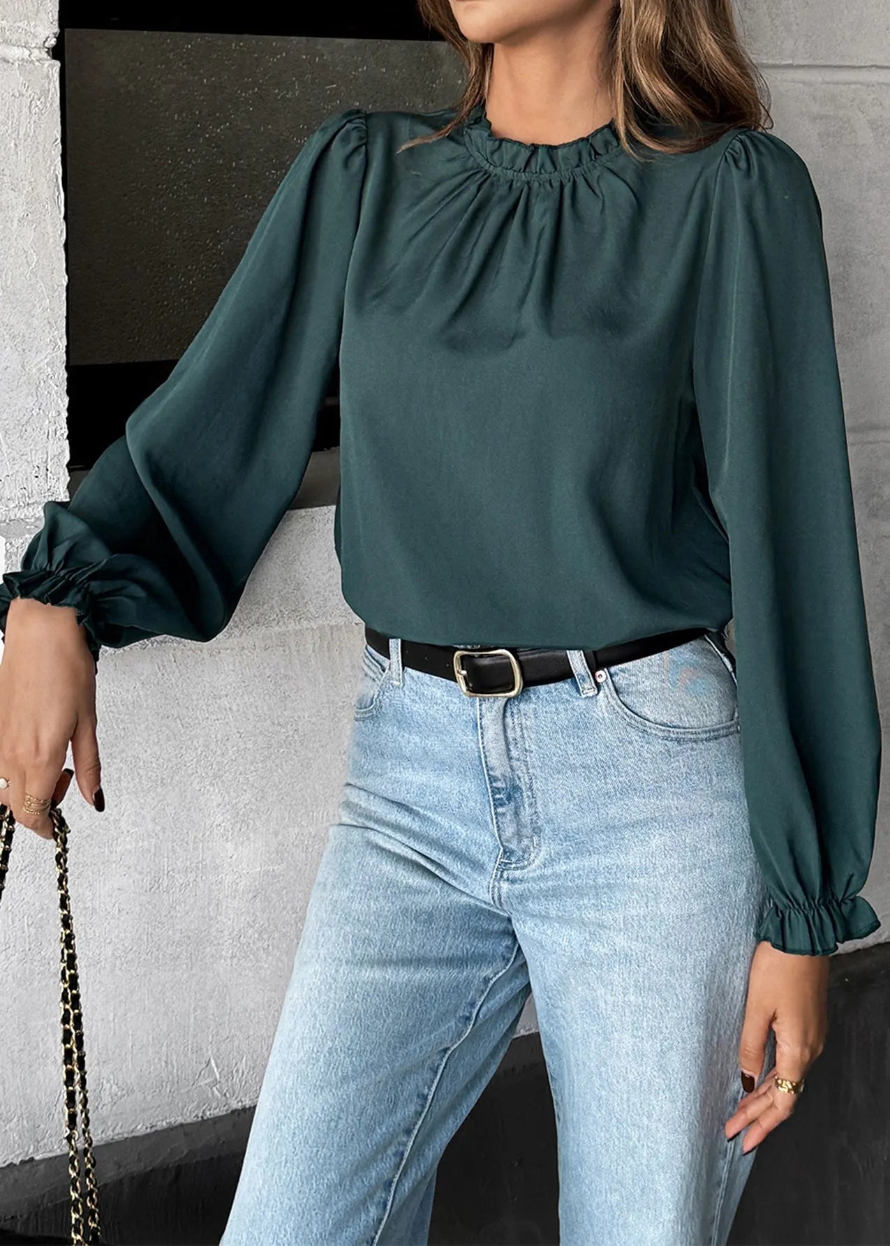Blackish Green Ruffled Patchwork Chiffon Shirt Long Sleeve