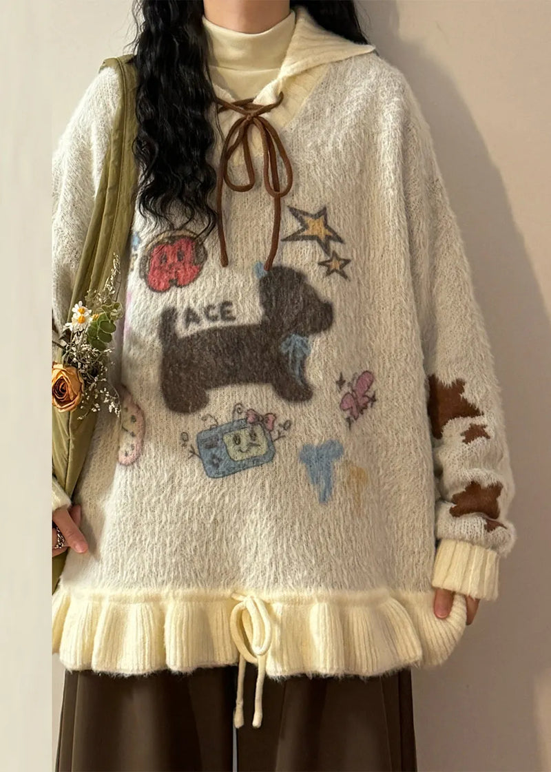 Jacquard Apricot Hooded Ruffled Lace Up Patchwork Knit Sweater Winter