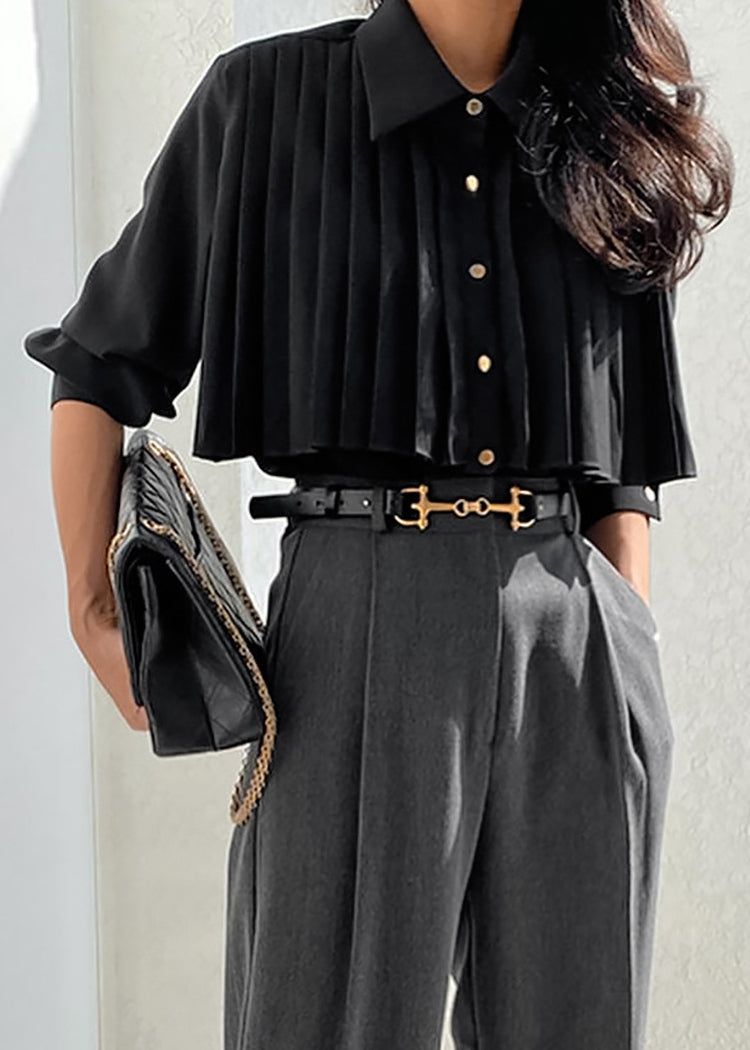 French White Peter Pan Collar Wrinkled Chiffon Shirt Tops Spring