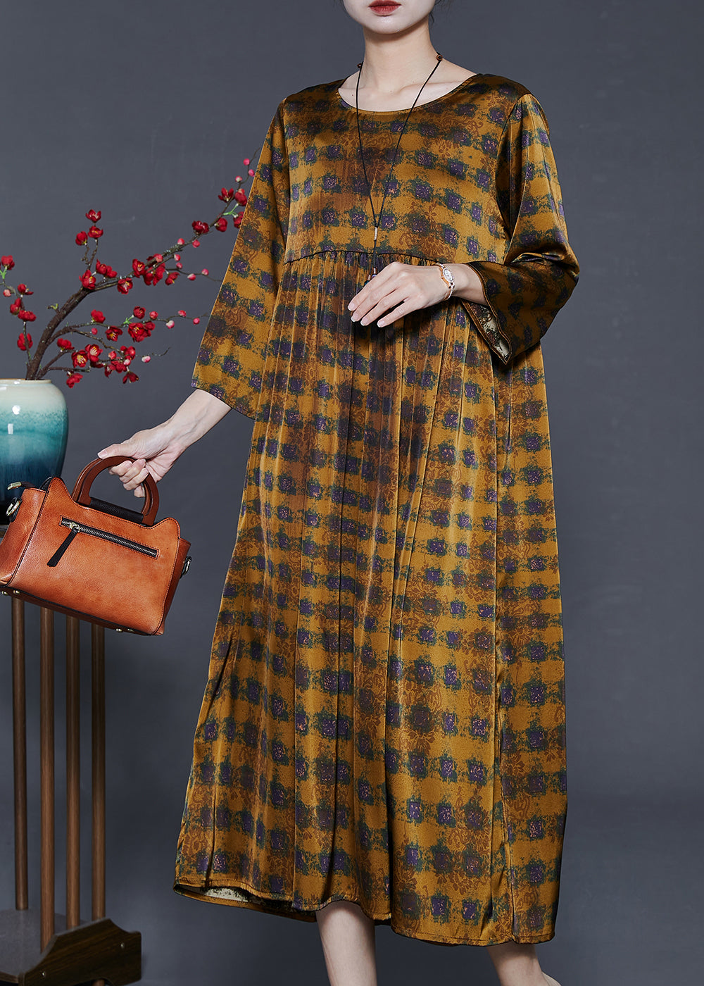Golden Oversized Print Silk Dress Summer