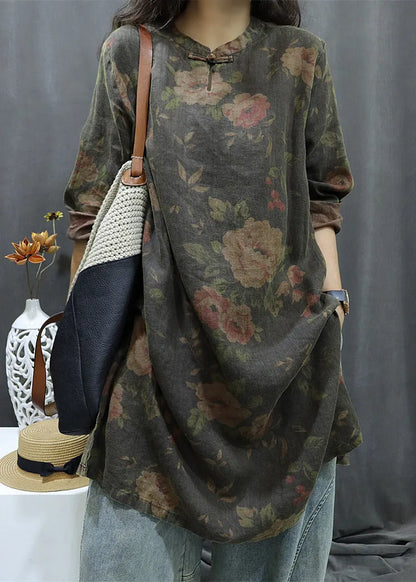 Black Print Button Linen Shirts Dress Bracelet Sleeve