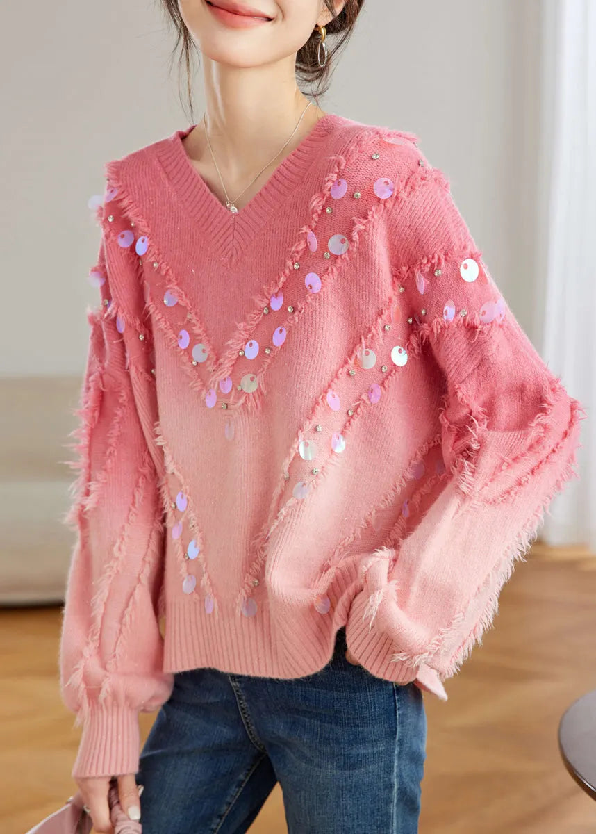 Red Gradient V Neck Tassel Sequins Knit Sweater Tops Spring