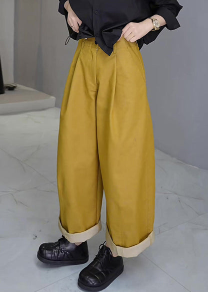 Simple Yellow Pockets High Waist Cotton Crop Pants Fall