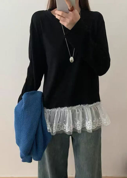 White O Neck Lace Patchwork Cotton T Shirts Top Spring