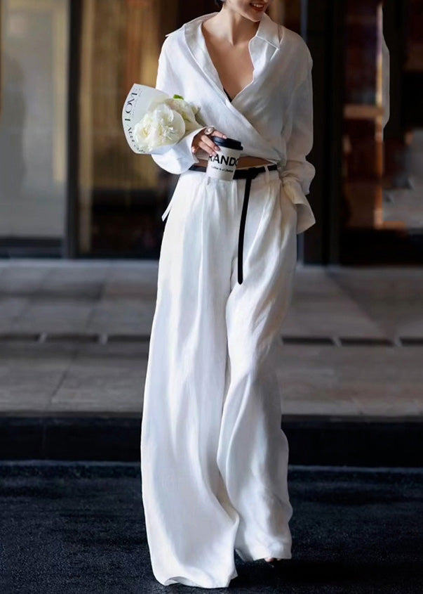 Natural White Peter Pan Collar High Waist Linen Shirts and Pants Two Pieces Set Long Sleeve