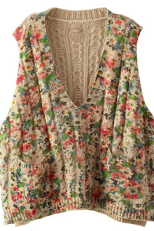 Print Knitted Sleeveless Waistcoat Sweater