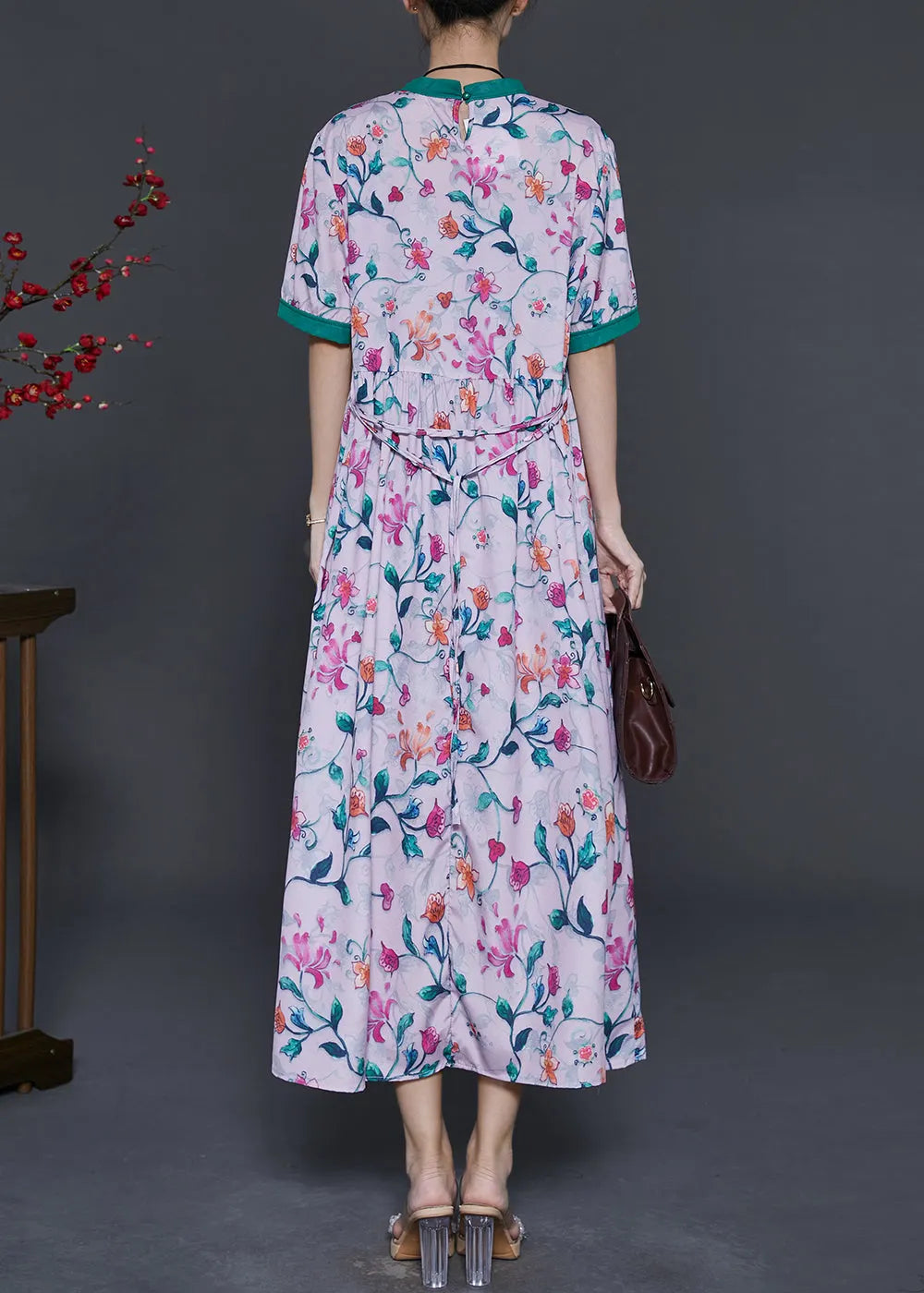 Pink Stand Collar Print Silk Long Dress Summer