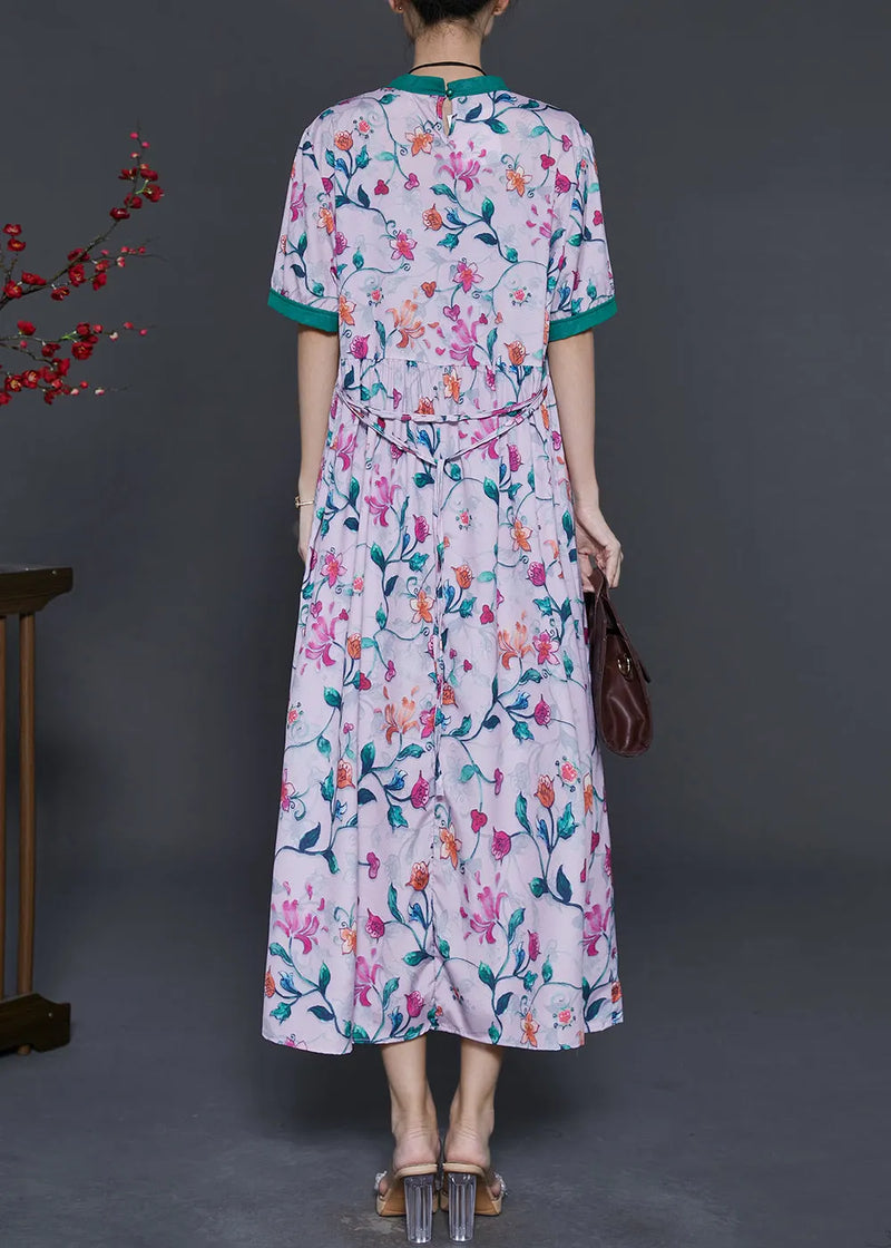 Pink Stand Collar Print Silk Long Dress Summer