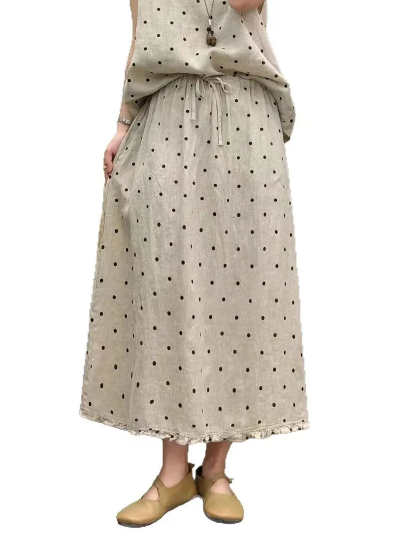 Boutique Coffee Dot Ruffled Pockets Patchwork Linen Skirts Summer