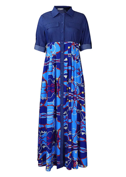 Blue Denim Patchwork Print Wrinkled Dress Autumn