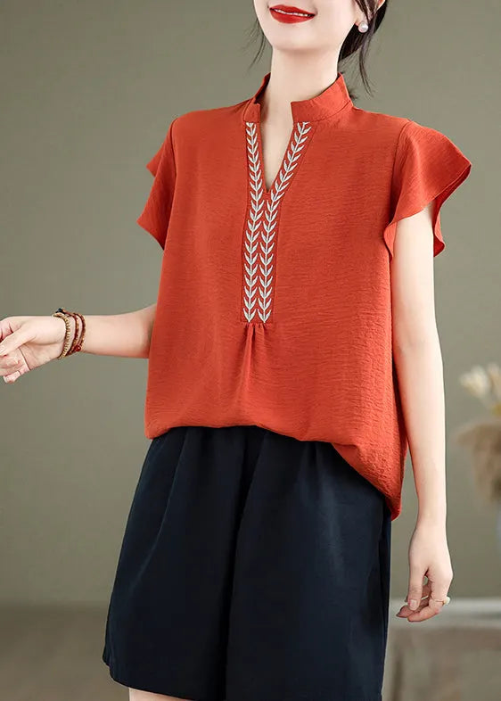 Natural Brick Red Embroidered Cotton Shirt Top Butterfly Sleeve