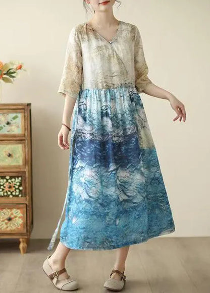 Blue Print Patchwork Tunic Dresses Summer