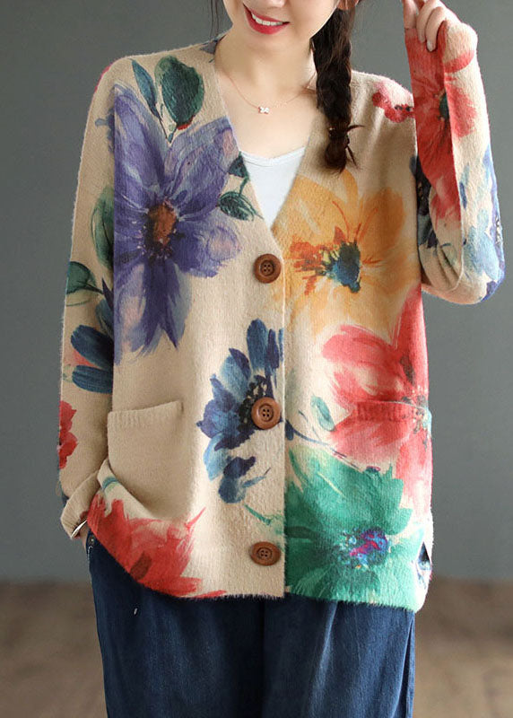 Diy Khaki V Neck Print Mink Hair Knitted Loose Coat Spring Sweater