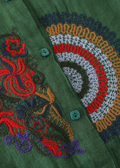 Green Embroidered Linen Shirt Top Long Sleeve