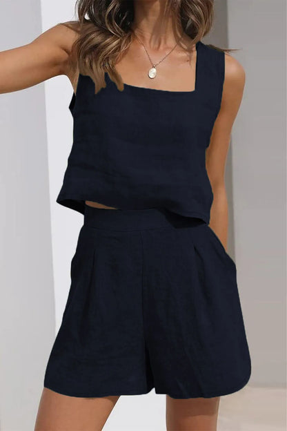 Tank Top Square Neck Pocket Shorts Set