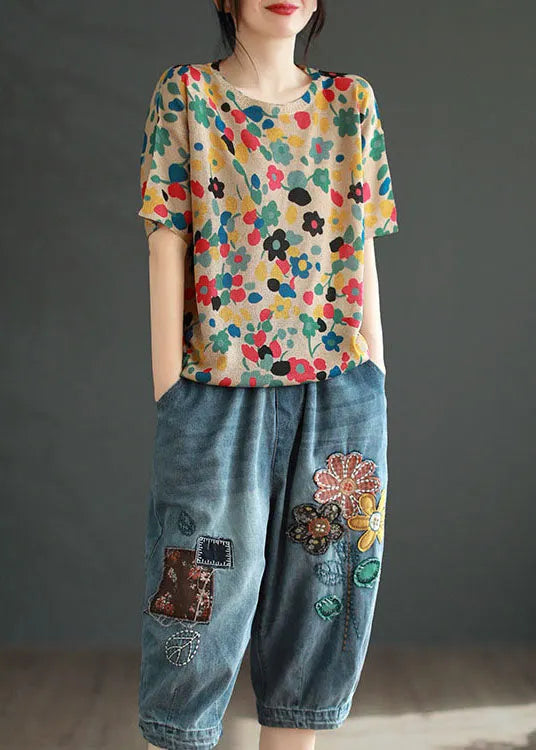 Red Print Patchwork Cotton T Shirt Top O Neck Summer