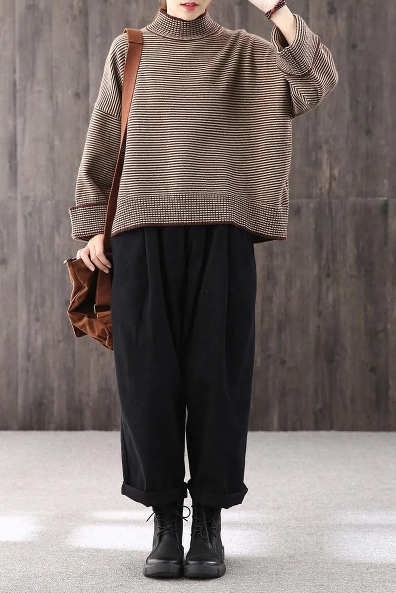 Loose High Collar Striped Sweater, Top,stylish Warm Sweater,wide Sleeve Sweater