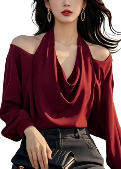 Stylish Wine Red Cold Shoulder Original Design Tops Spring
