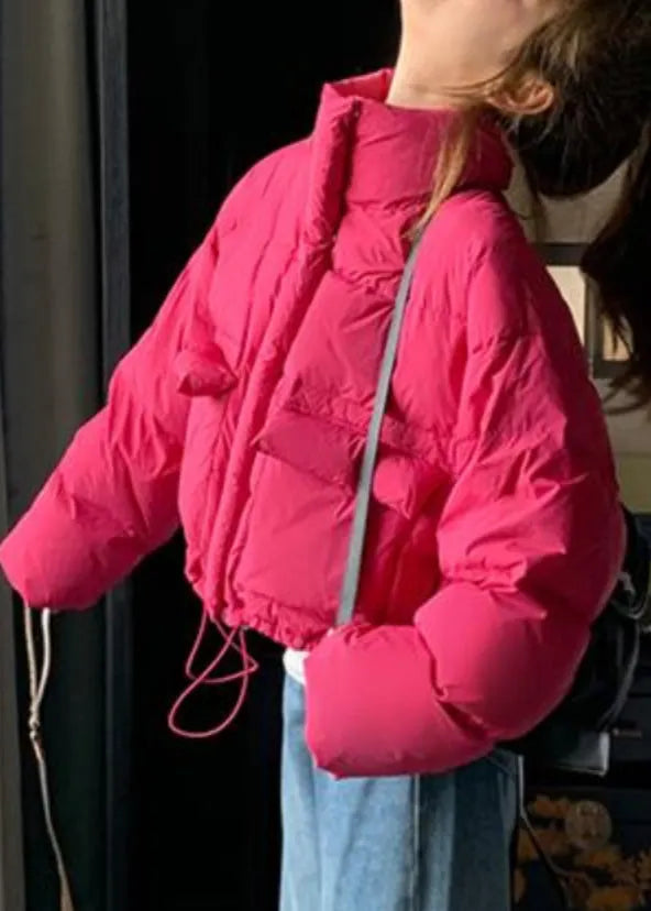 Loose Rose Stand Collar Pockets Drawstring Duck Down Puffer Coat Winter