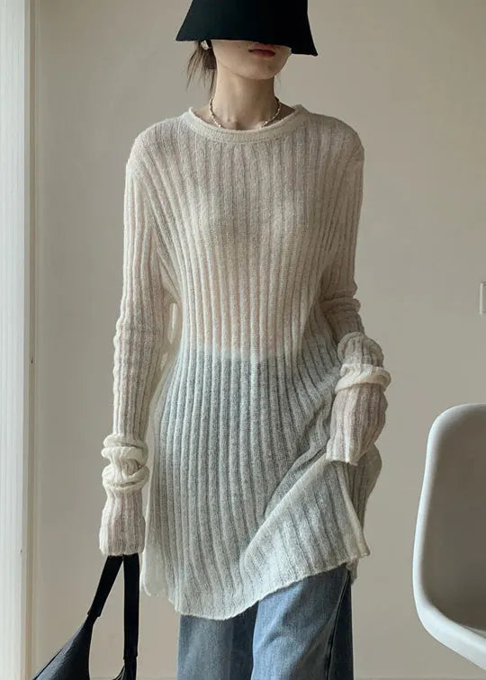 Simple White O-neck Thin Knit Sweater Dress Fall