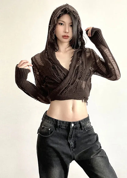 Handmade Coffee Hole Knit Hooded Top Long Sleeve