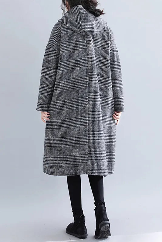Woolen Coat Plaid Hooded Coat Mid-length Coat