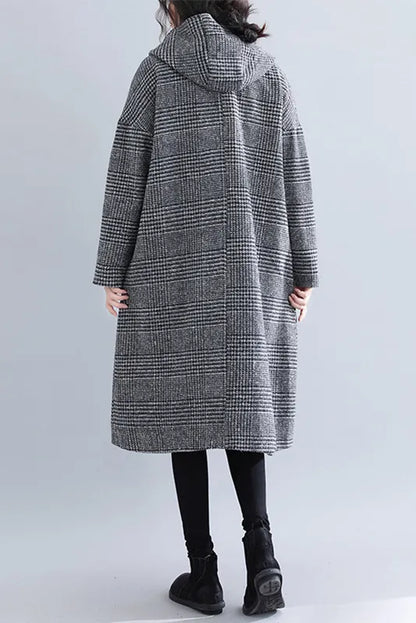 Woolen Coat Plaid Hooded Coat Mid-length Coat