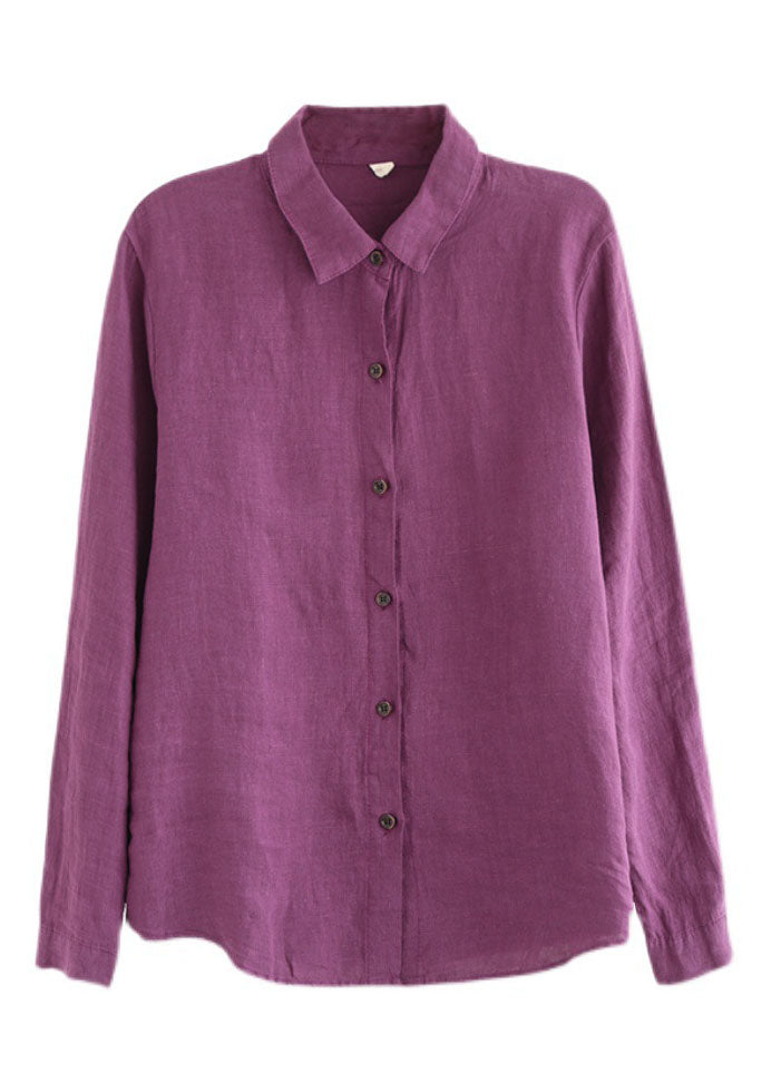 Purple Button Peter Pan Collar Linen Shirt Top Long Sleeve