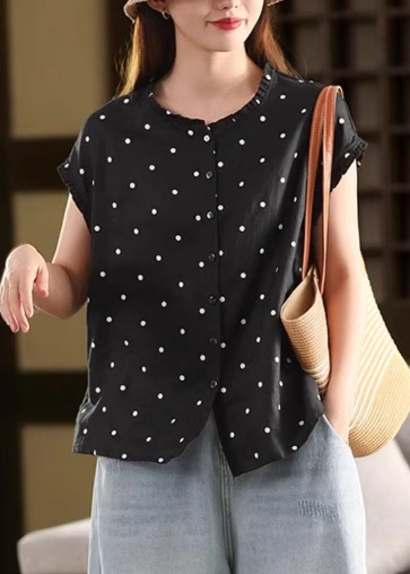 Coffee Ruffled Dot Linen Shirt Summer