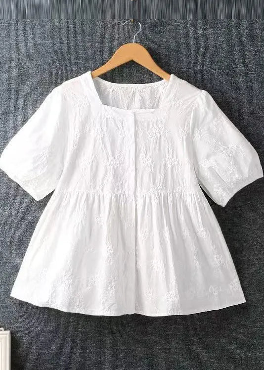 Diy Apricot Square Collar Embroidered Cotton Tops Summer