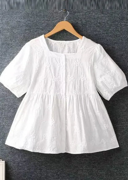 Diy Apricot Square Collar Embroidered Cotton Tops Summer