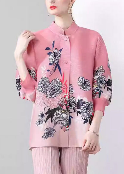 Pink Stand Collar Print Button Silk Coats Fall
