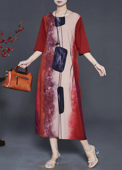 Red Print Tie Dye Silk Long Dress Summer