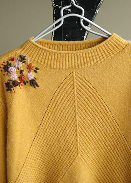 Yellow Embroidered Knit Sweater Winter