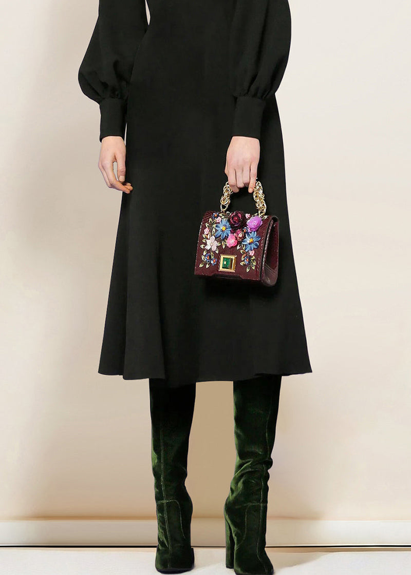 Black O-neck Cotton Dress Lantern Sleeve