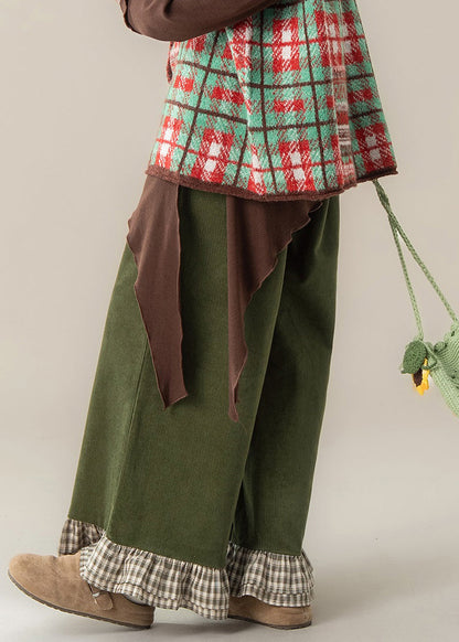 Green Ruffled Patchwork High Waist Wide Leg Pants