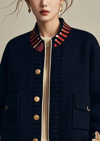 Loose Navy Button Print Pockets Patchwork Coats Fall