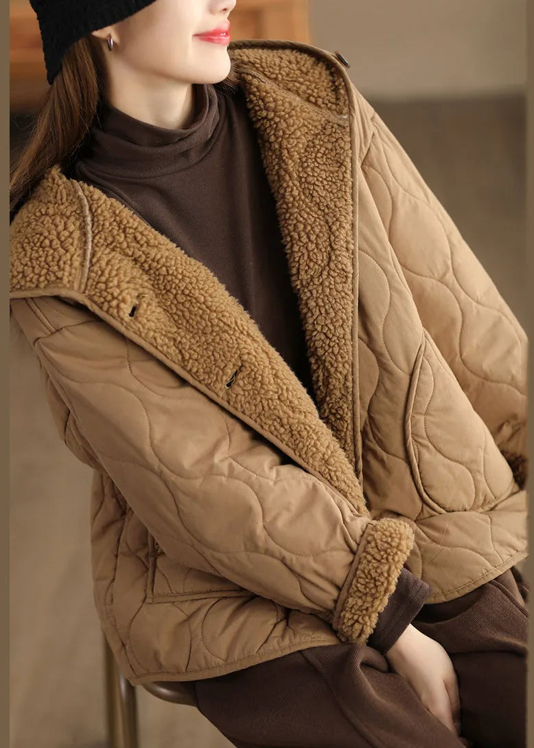 Khaki Oversized Fleece Wool Lined Hooded Jacket Spring