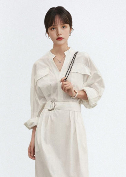 White V Neck Tie Waist Cotton Shirts Dress Fall